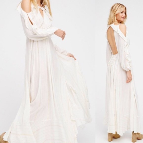 ❤️ SALE ❤️ Free People NWT RARE "The Huxley" Maxi Dress, White Gold Metallic - Picture 2 of 15